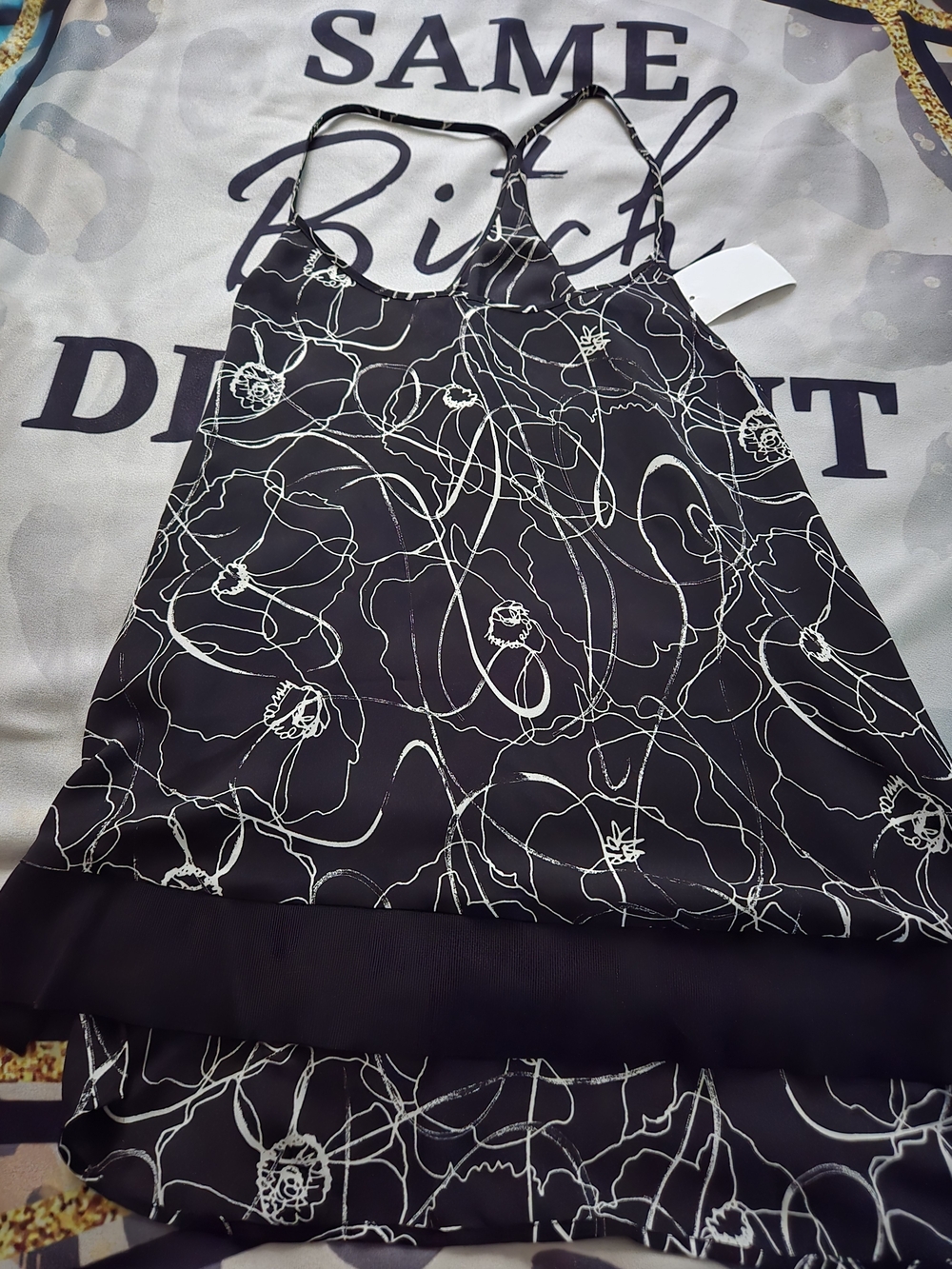 Black with White Line Print Racer Back Camisole
